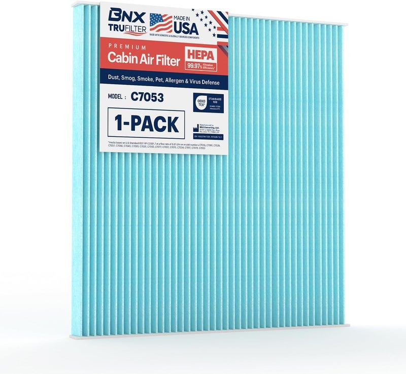 BNX TruFilter C7053 Cabin Air Filter, HEPA 99.97%, MADE IN USA, Compatible With Nissan: Altima 2007-2012, 2009-2014 Maxima, 2009-2014 Murano, 2011-2017 - Image 1